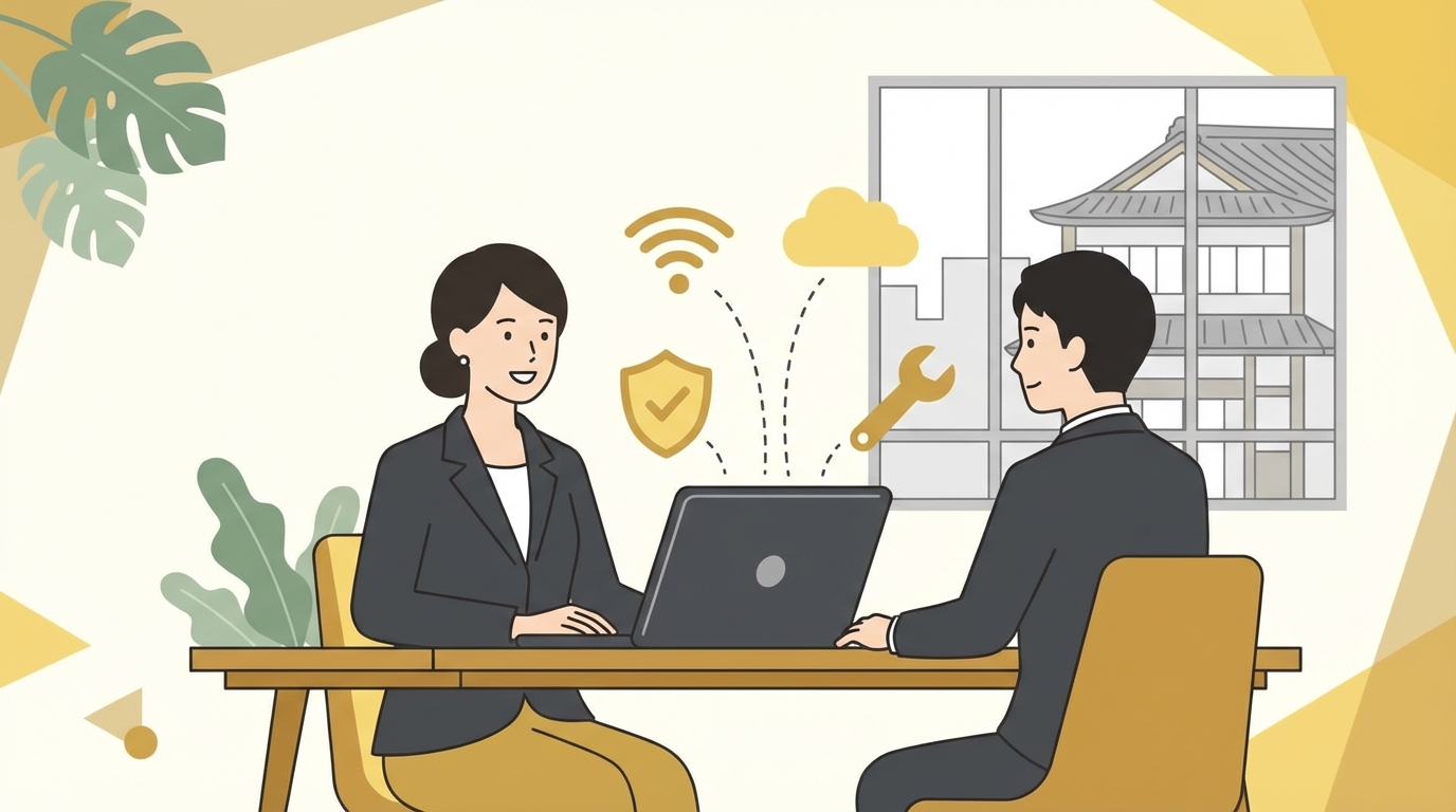 外部IT担当のイメージ:ITコンサルタントと経営者がノートPCを挟んで相談する様子