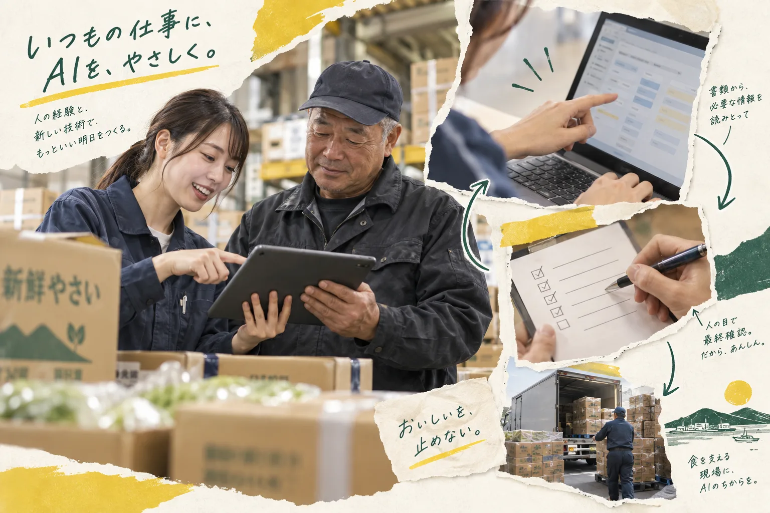 食品倉庫で担当者とツールを試し、注文情報と手順を確認するコラージュ。AI生成イメージ