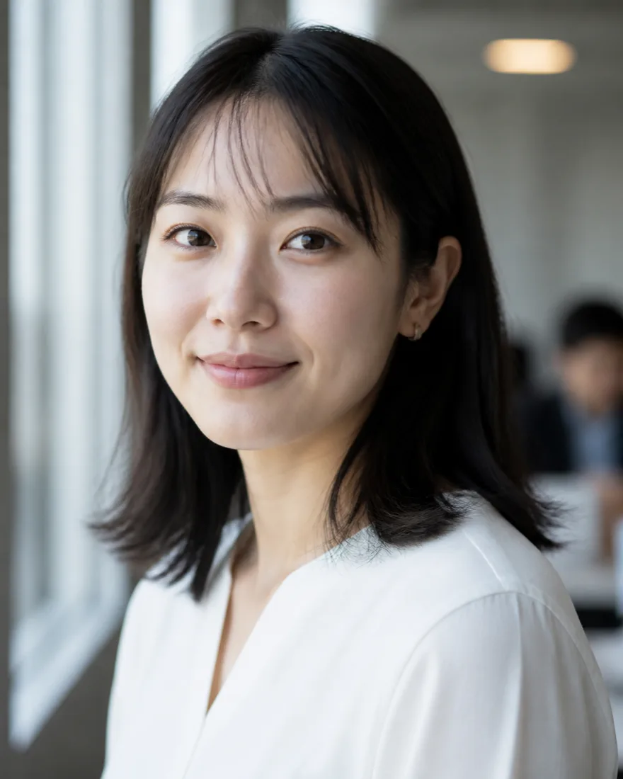 AI生成の架空人物の基準ポートレート。白いブラウスの女性のバストアップ