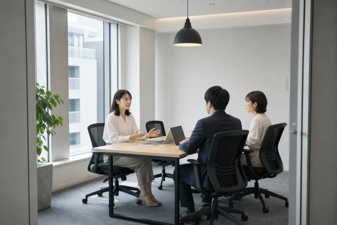 引きの構図で生成した会議室の写真。人物の顔が小さく、基準と別人に見える