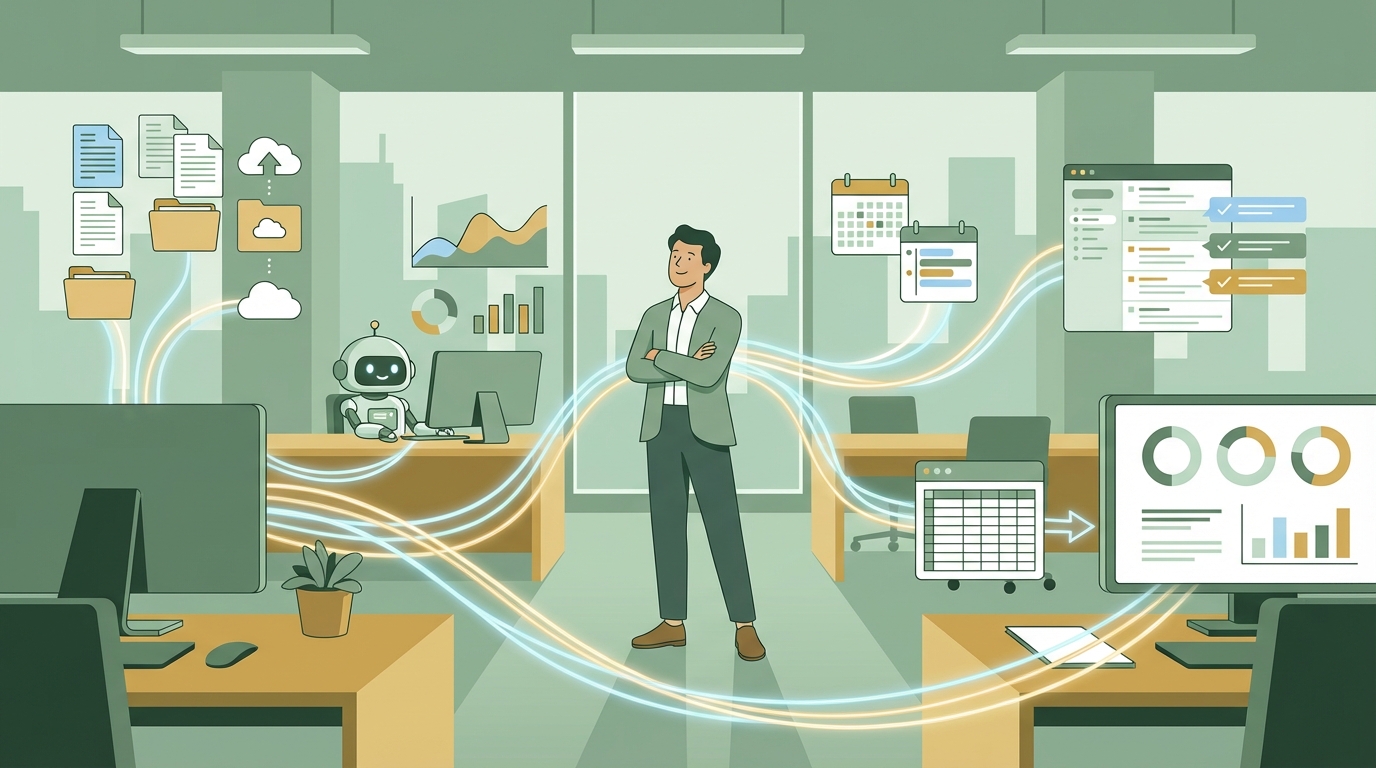 AIが業務を自動化しているオフィスのイラスト