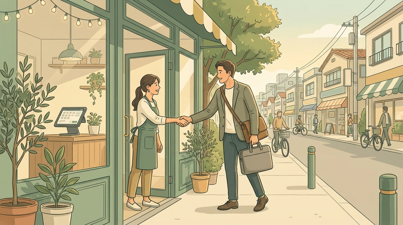 地元の店舗にIT支援者が訪問しているイラスト