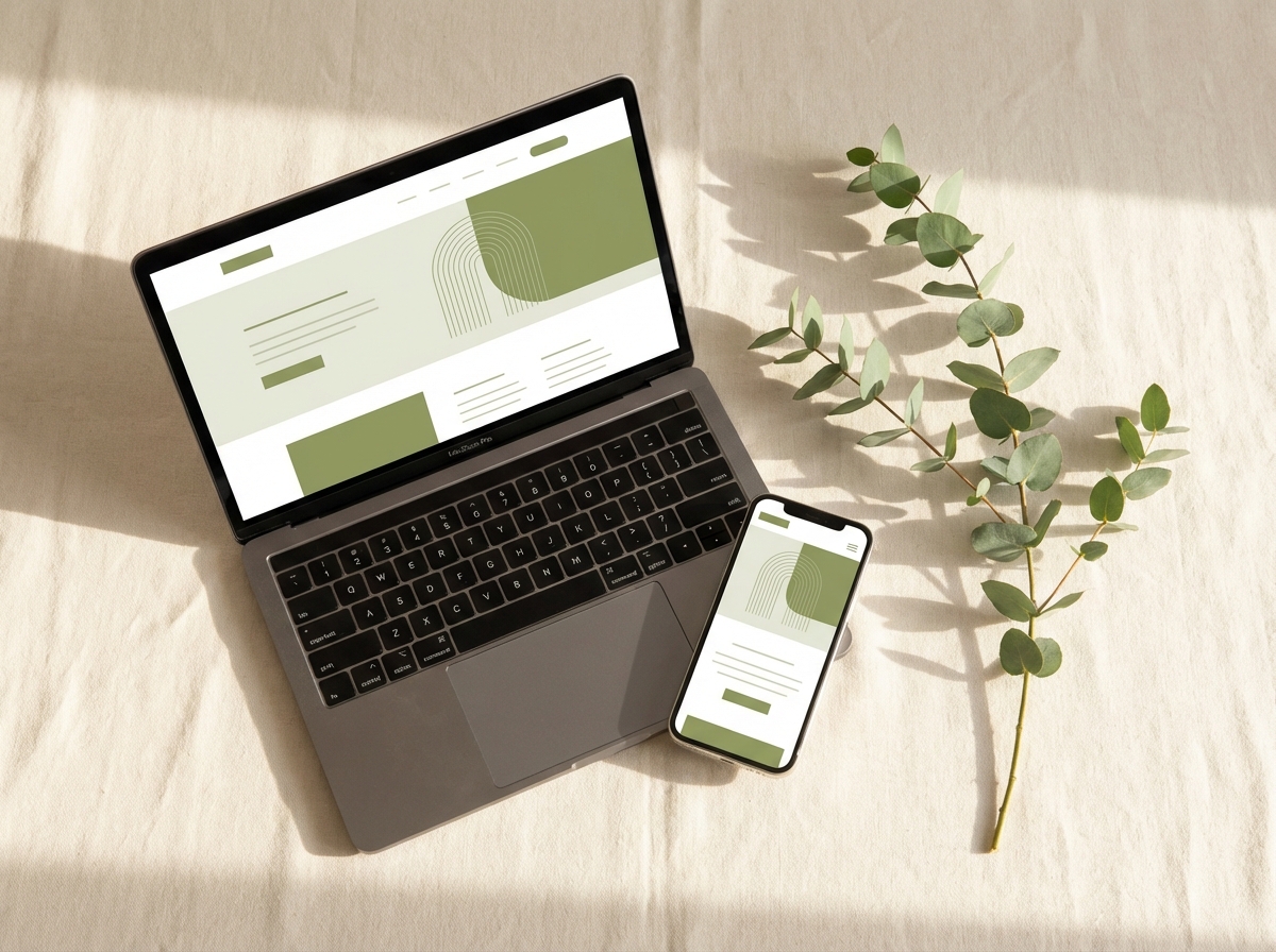 Laptop and smartphone showing a modern website design with botanical elements