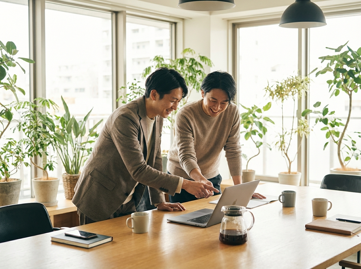 Two figures in supportive conversation with botanical leaf accents