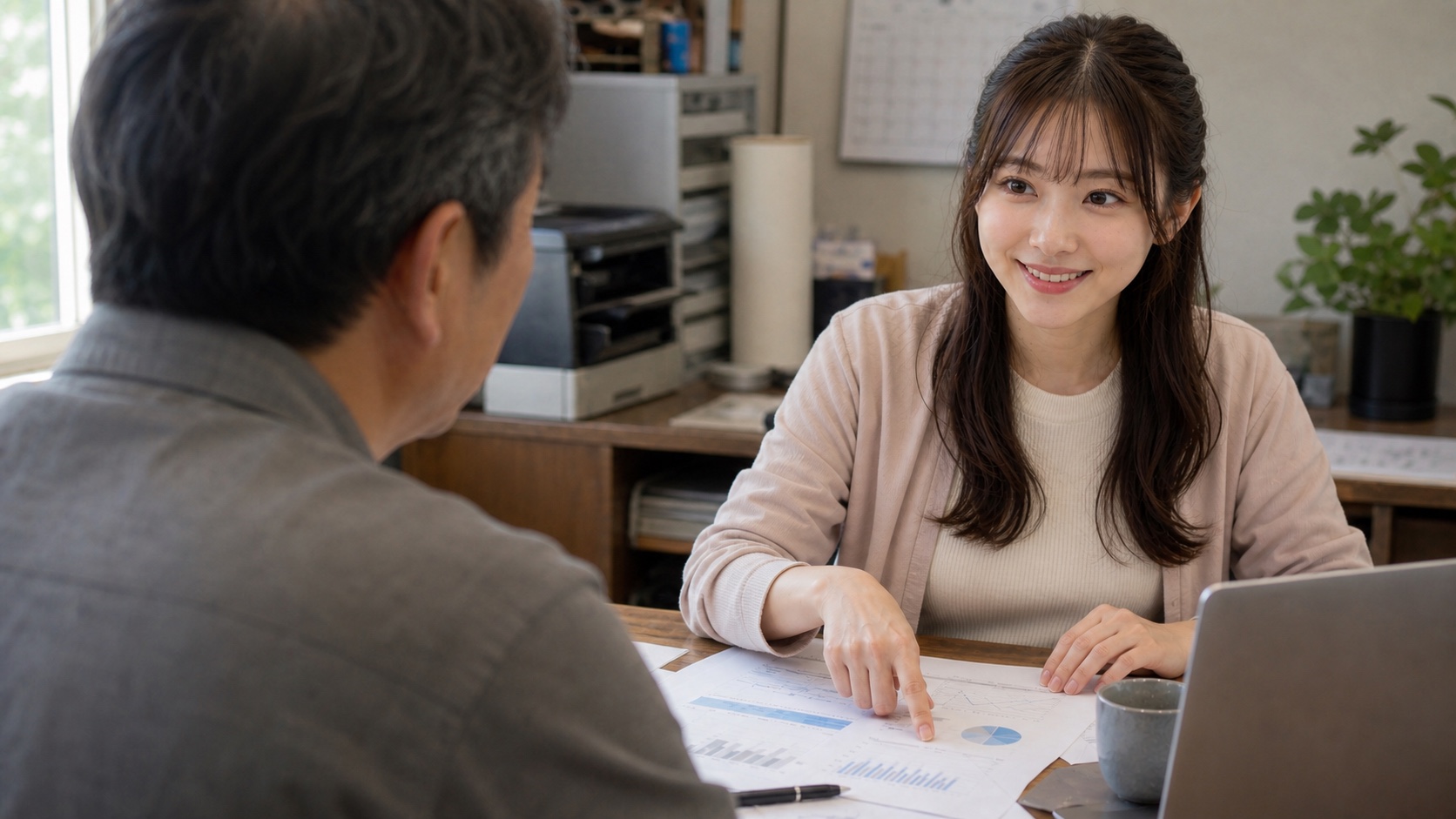 無料相談で、店主と一緒に計画を整理しているようす