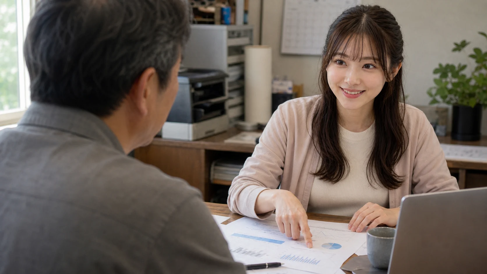 店主と担当者が、机を囲んで仕事の進め方を相談するイメージ