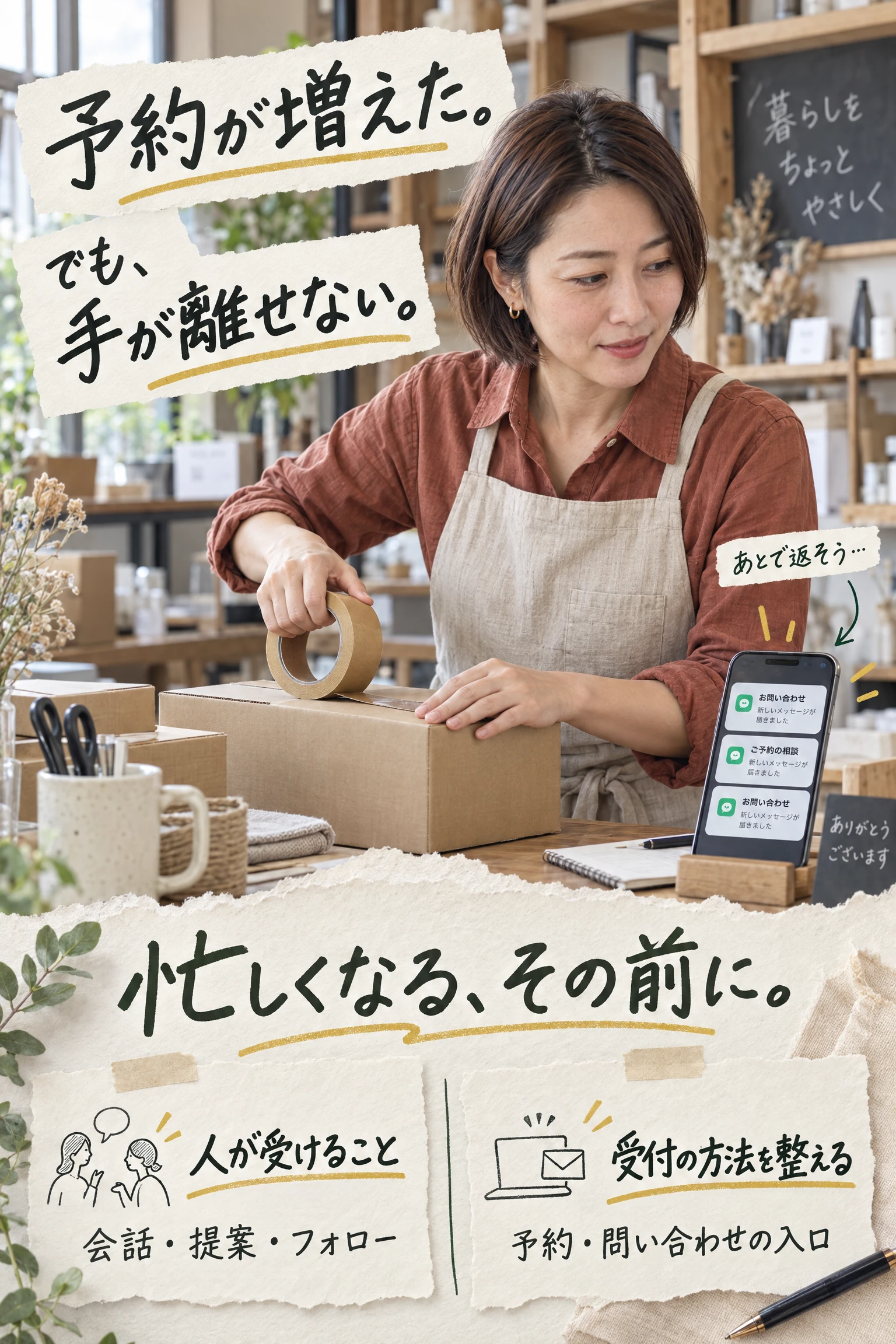 予約が増えた。でも、手が離せない。梱包作業中にスマホへ問い合わせ通知が届き、あとで返そうと思う事業者。忙しくなる、その前に。人が受けることと仕組みに任せることを考える