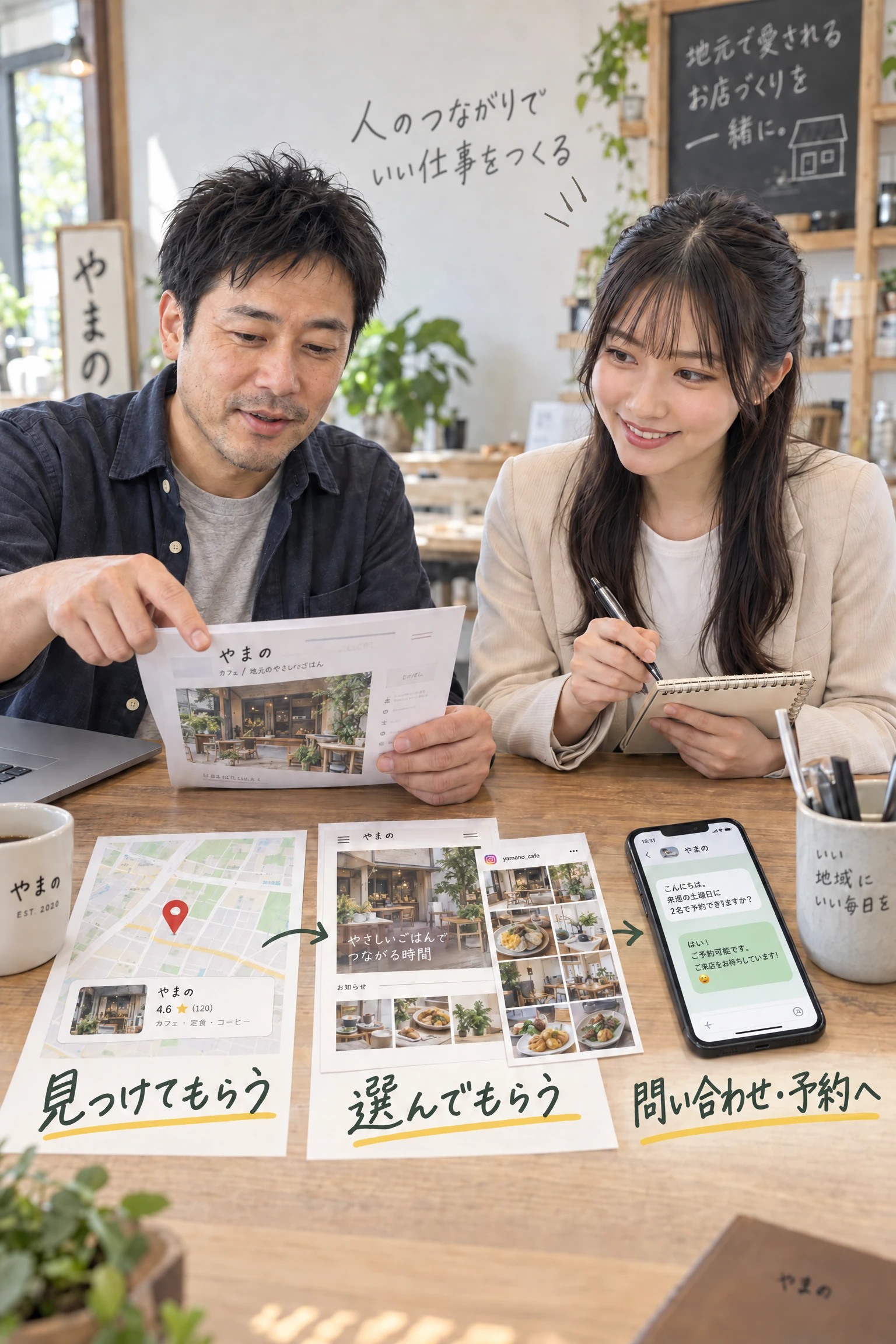 小春と事業者の相談。地図・HPとInstagram・スマホで、見つけてもらう、選んでもらう、問い合わせ・予約へとつなぐイメージ