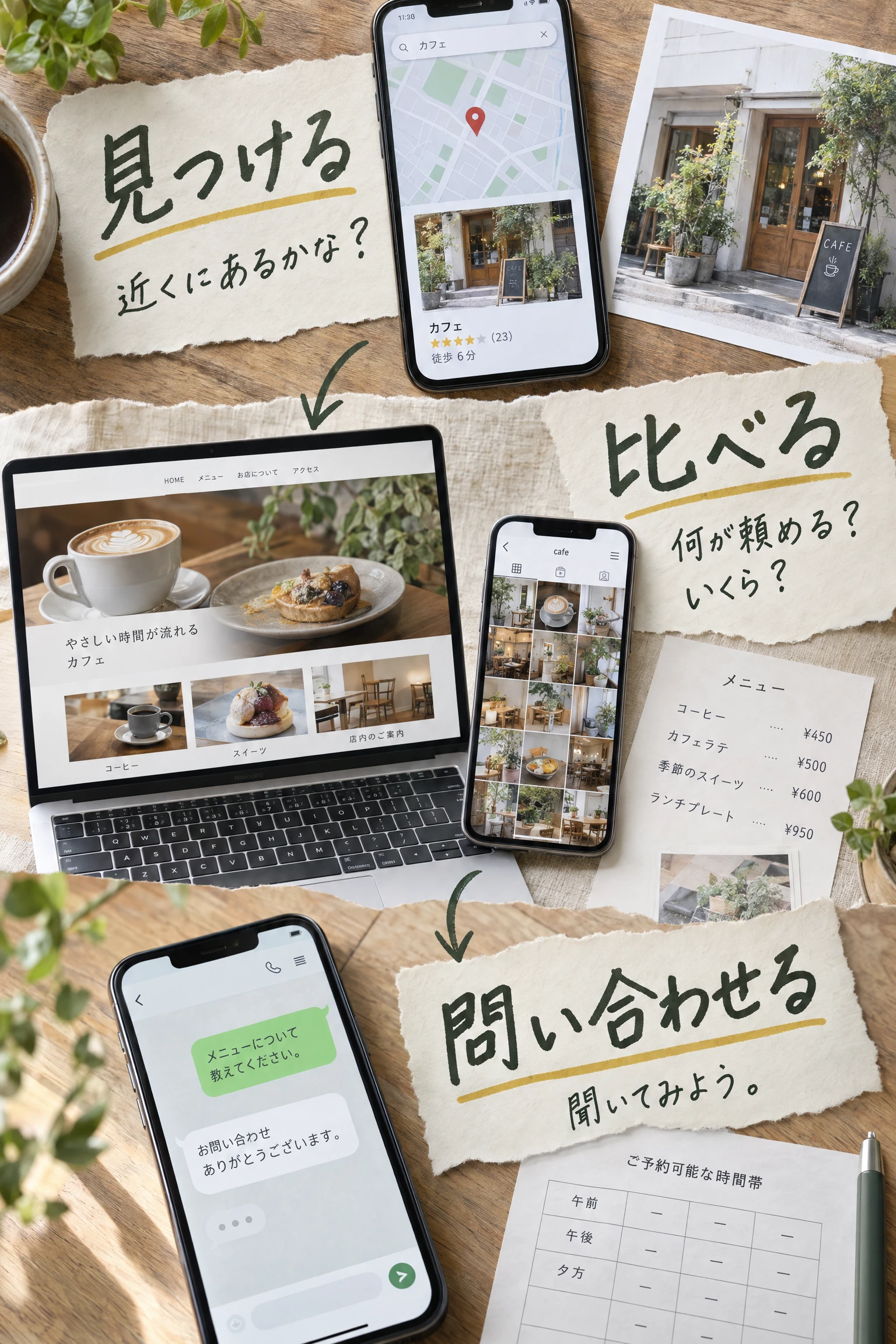 見つける、比べる、問い合わせる。近くにあるかな？から、何が頼める？いくら？を確かめ、聞いてみようへ進む流れ