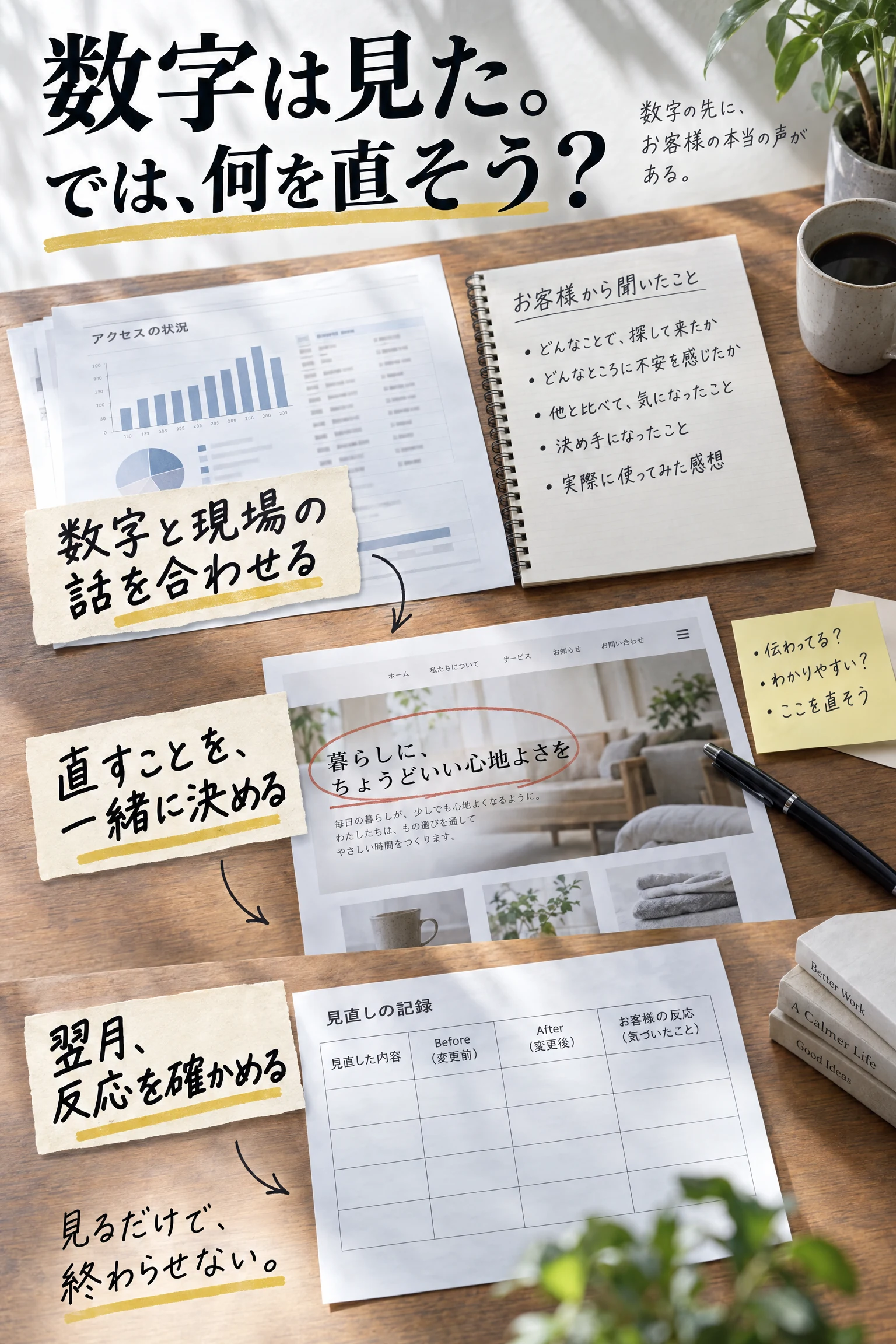 数字と現場の話を合わせ、直すことを決め、翌月に確かめる。相談室の判断の流れを示す紙面の図解