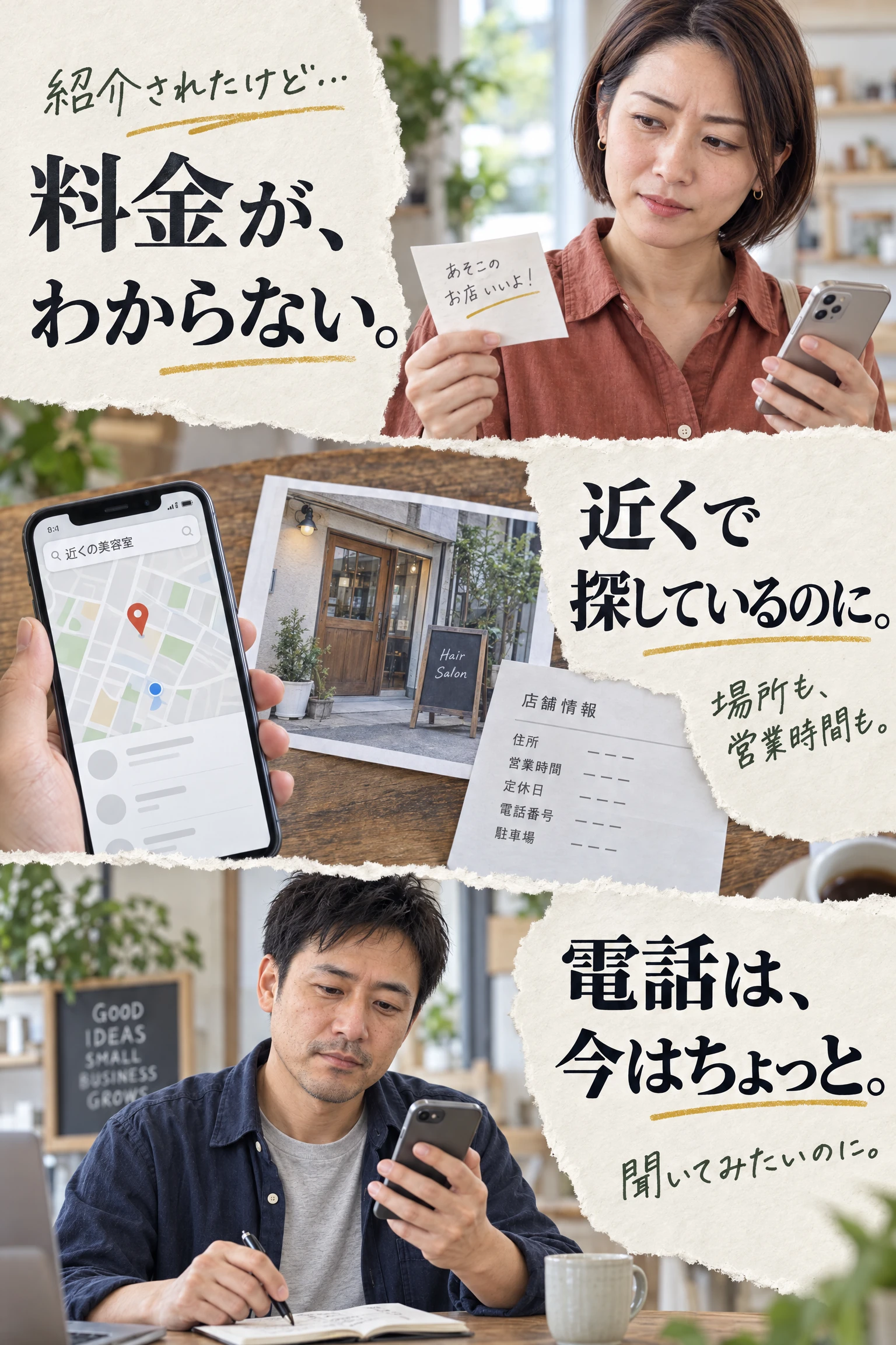 紹介されたけど料金が分からない。近くで探しているのに場所も営業時間も分からない。聞いてみたいのに電話は今はちょっと、と感じるお客様の3場面