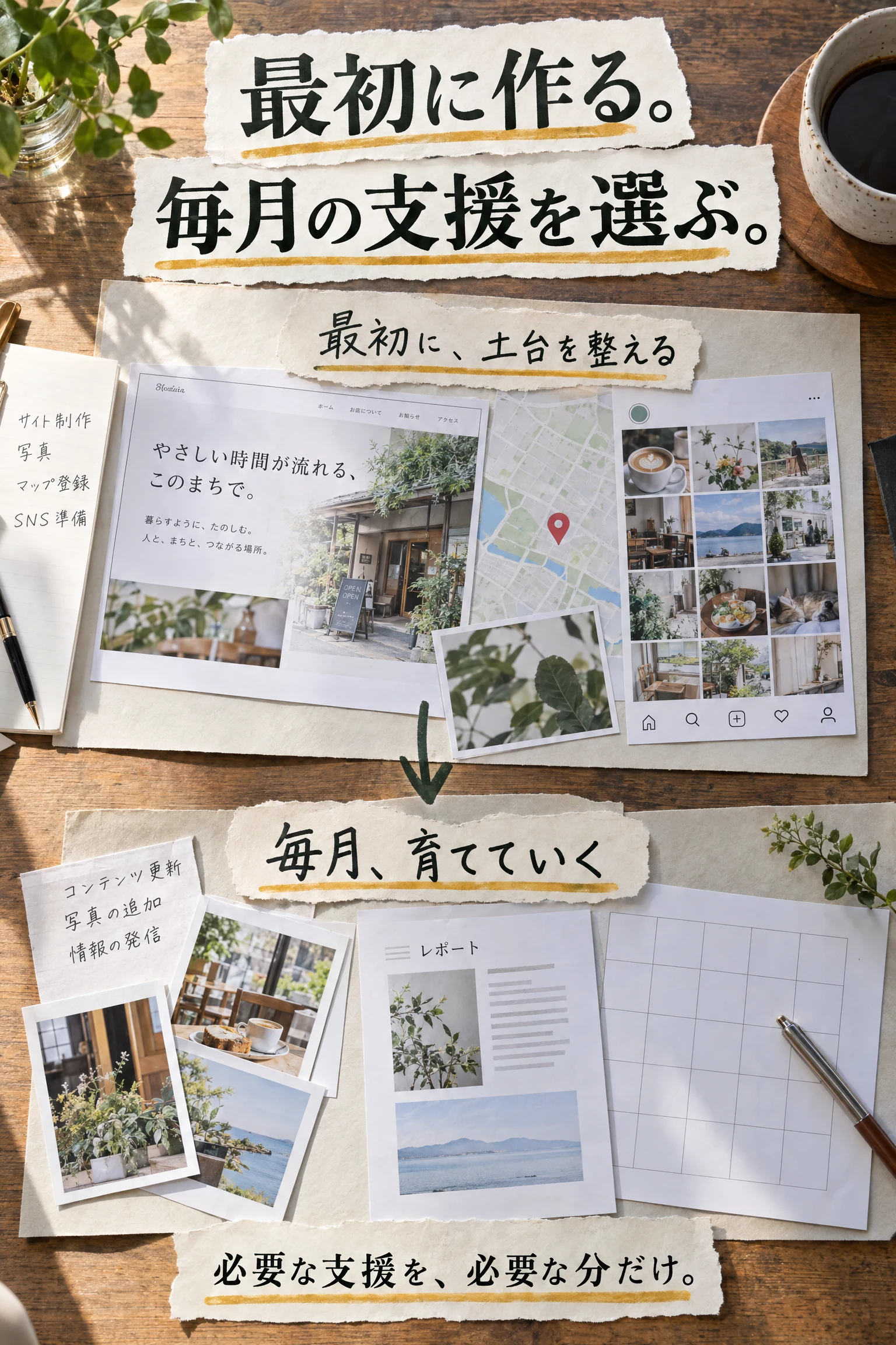 最初にWebの土台を整え、毎月育てていく。初期制作と継続運用の関係を示す図解